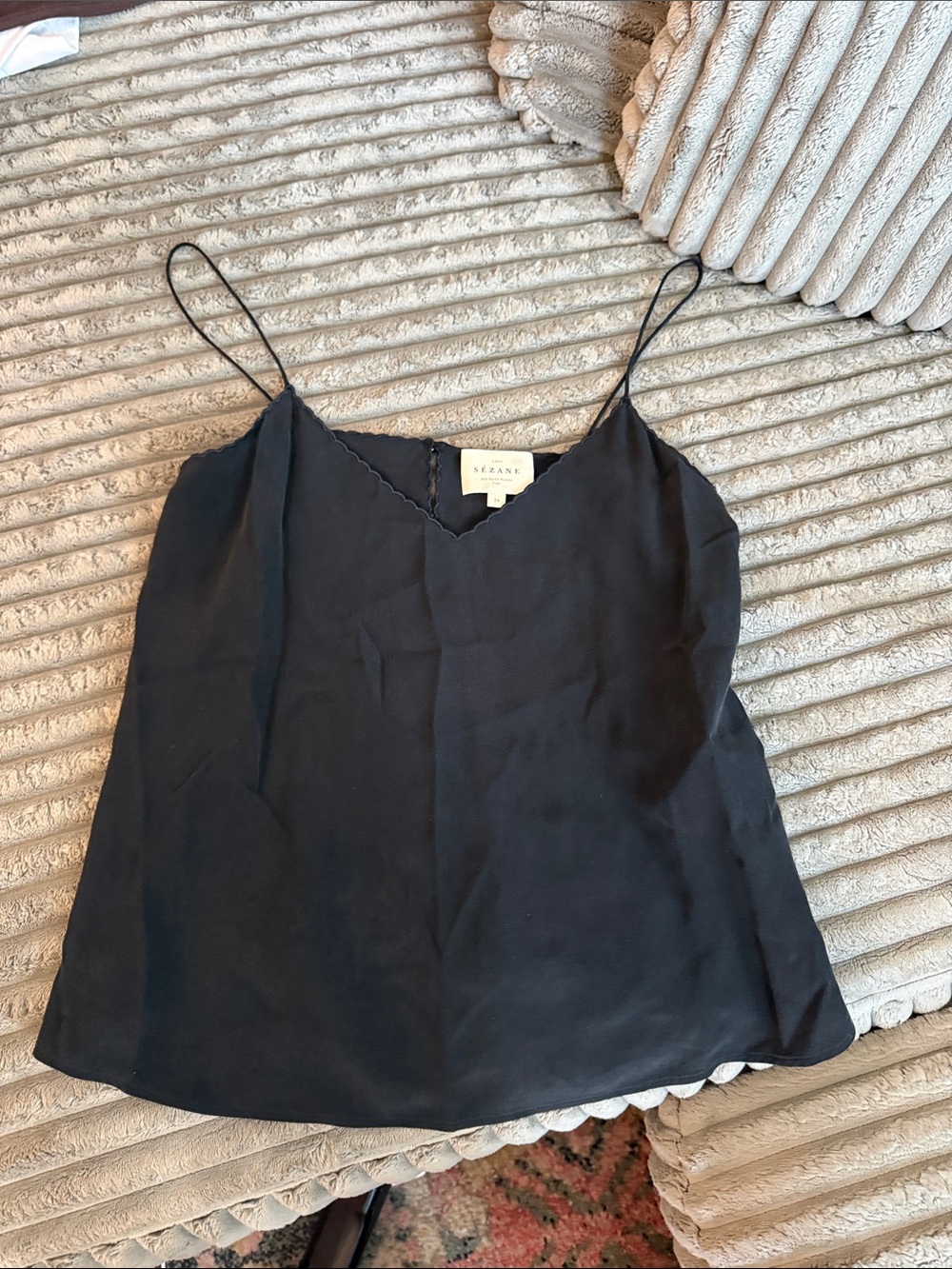 Sézane Black Scallop-Trim Silk Cami Top